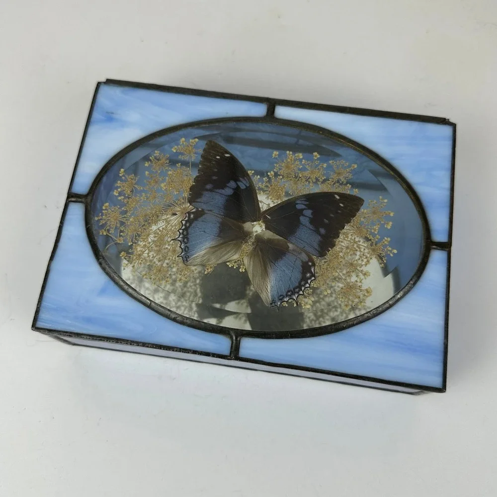 Vintage Stained Glass Hideaway Butterfly Trinket Box Blue Slag Glass Taxidermy